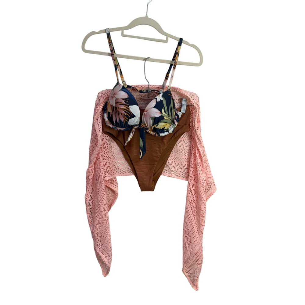 H&M Aerie Bikini Set 3pc Tropical Floral Top 34B High Cut Cheeky Small Brown